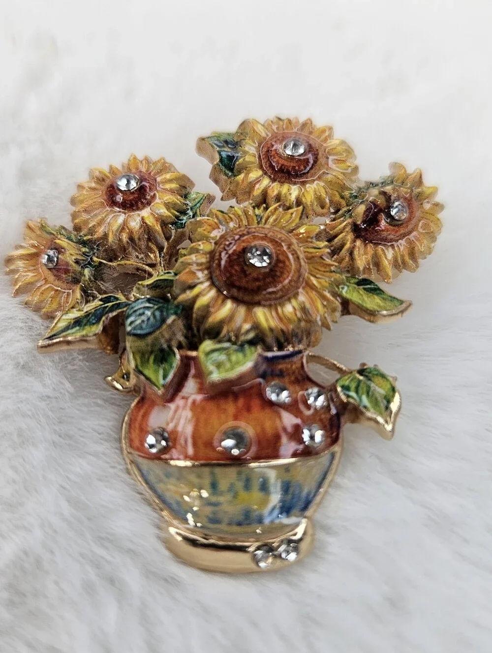 Sunflower Bouquet Rhinestone Brooch - Yellow, Green, Brown
